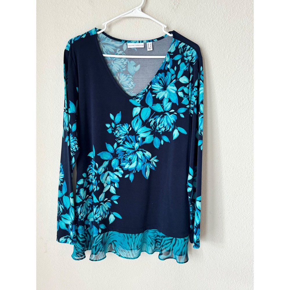 Susan Graver Liquid Knit Floral Tunic Top Navy Blue Turquoise V-Neck Large